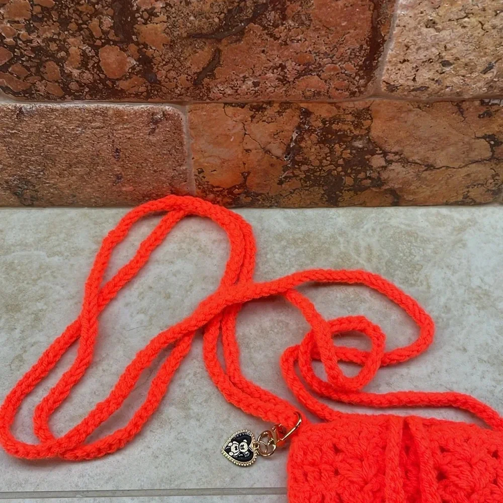 Crochet Bag Crossbody Shoulder Stretch Phone Purse Case Orange Small Handmade